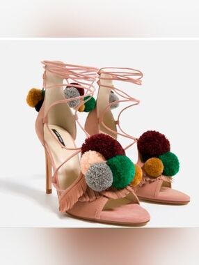 Zara Pink Suede Pompom Fringe Lace Up Heeled Sandals Boho Statement Size 7/38